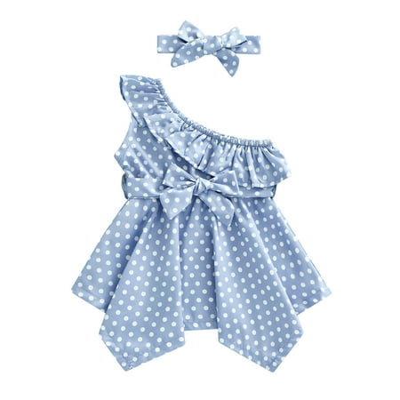 

Calsunbaby Kids Toddler Girls Casual Dress Dots Printed Slanted Shoulders Ruffles Irregular Hem with Belt + Hairband Blue 4-5 Years