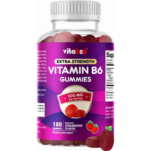 Vitabod Extra Strength Vitamin B6 Gummies 100mg - 180 Gummies - Supports Energy Metabolism and Nervous System Health
