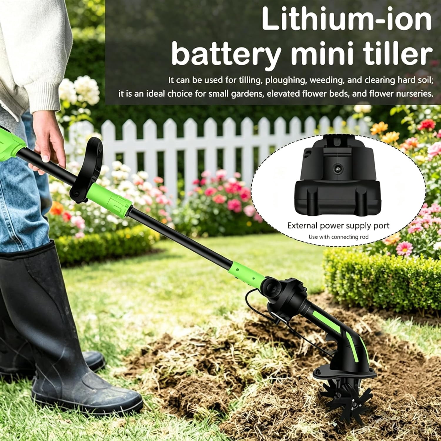 2-in-1 Cordless Tiller & Cultivator with Extension Pole, Rechargeable Garden Rototiller, Lightweight Handheld Soil Cultivator for Lawn, Yard, Flower Beds & Vegetable Gardens (Battery x2-Pole)