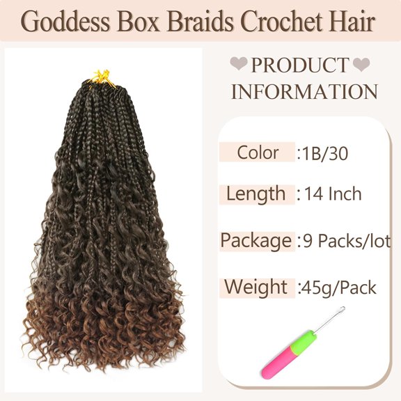 WEIF-Vustbeauty 9 Packs Boho Box Braids Crochet Hair 14 Inch Goddess Box Braids Crochet Hair With Curly Ends Synthetic Bohemian Braids Hair Extension For Women (14inch, 1B/30)
