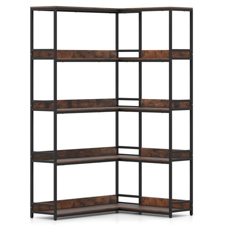 Spaco 5-Tier L-Shaped Corner Bookshelf - Metal Frame Raised Edges Etagere Organizer Rustic Brown