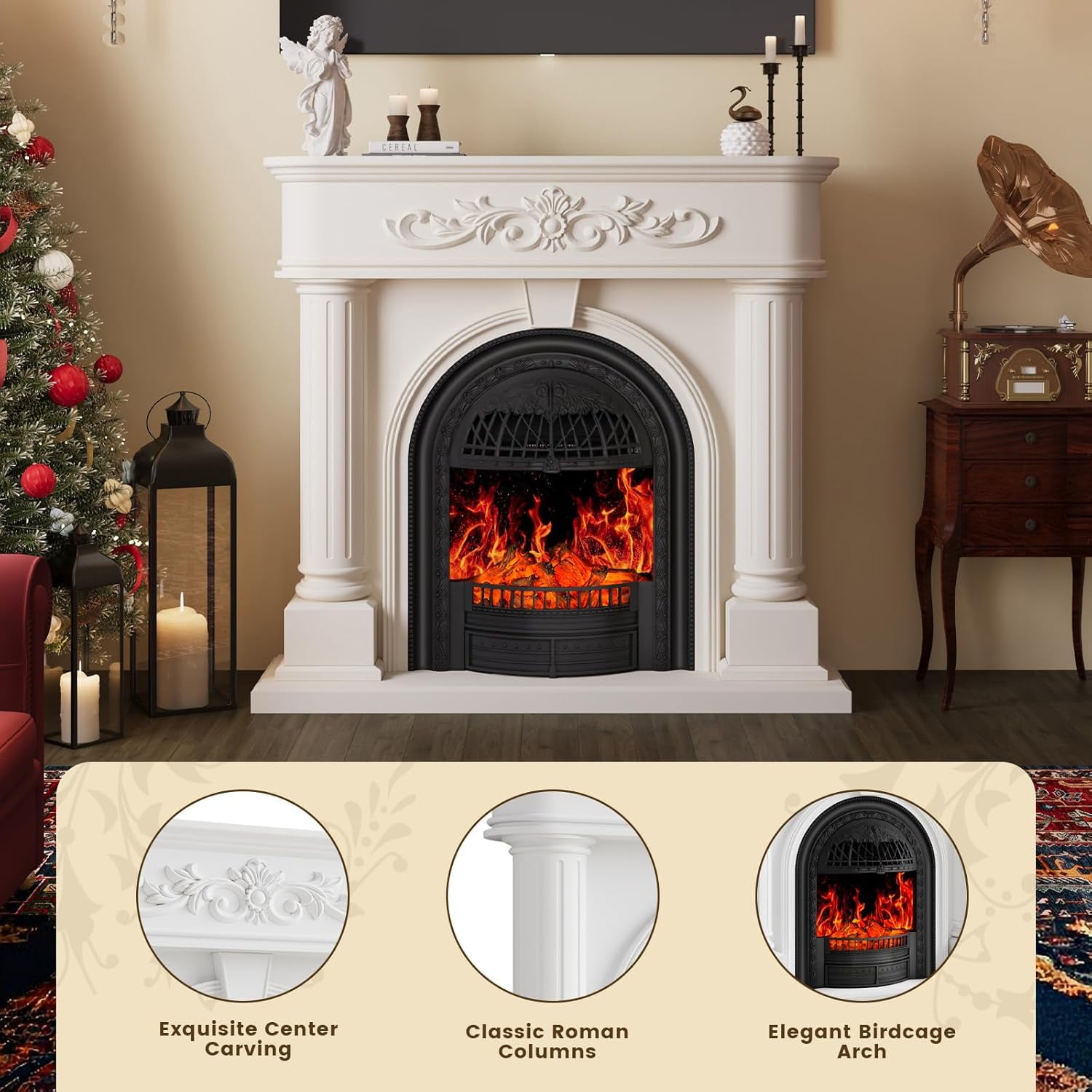 BOSHIRO 50” Electric Fireplace with Mantel, Solid Wood Roman Column TV Stand with Birdcage Heater Insert, Fireplace for Living Room, Bedroom & Entryway