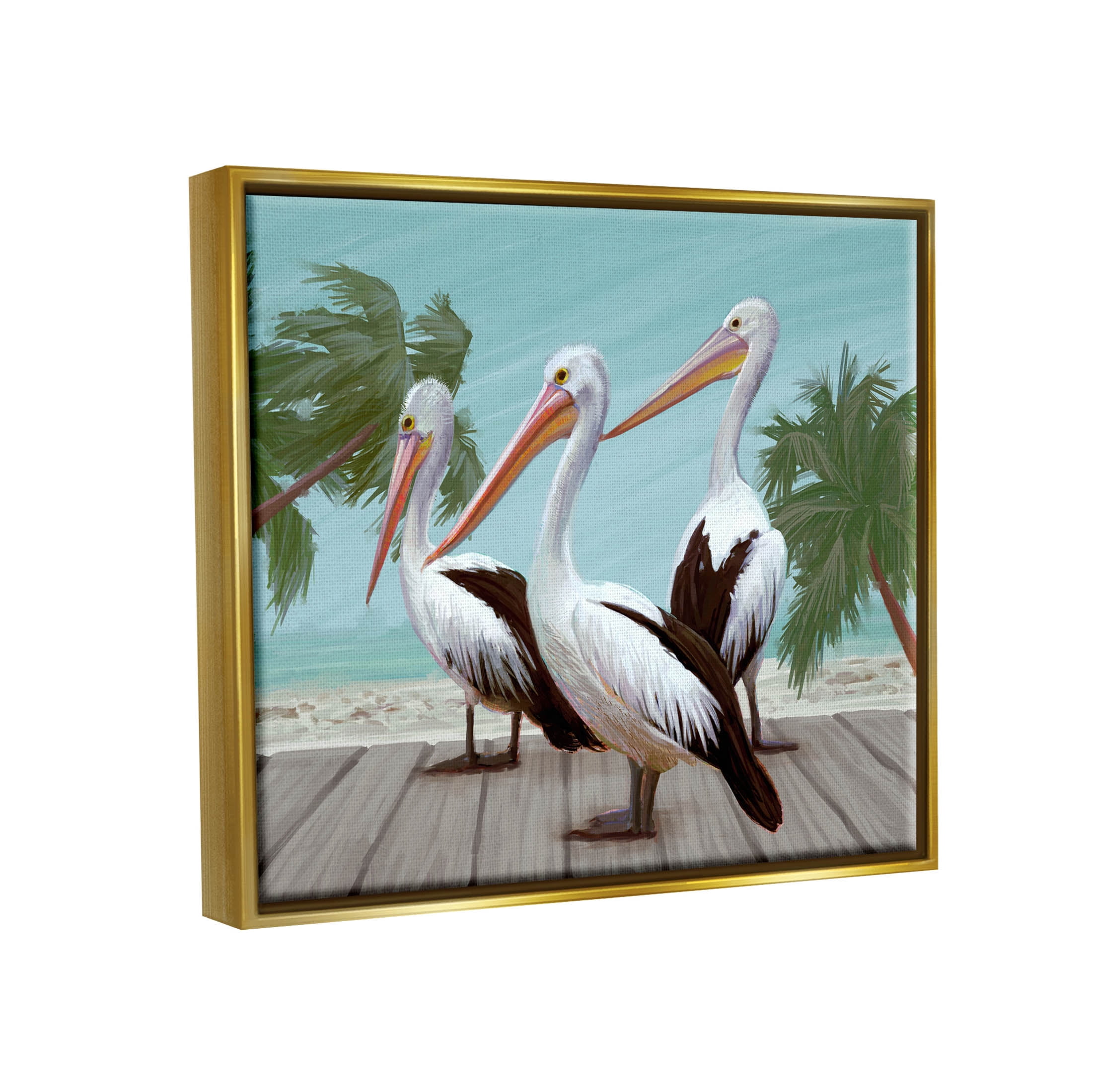 Stupell Industries Tropical Beach Pelicans Palms Graphic Art Metallic Gold Floating Framed Canvas Print Wall Art, Design by Ziwei Li