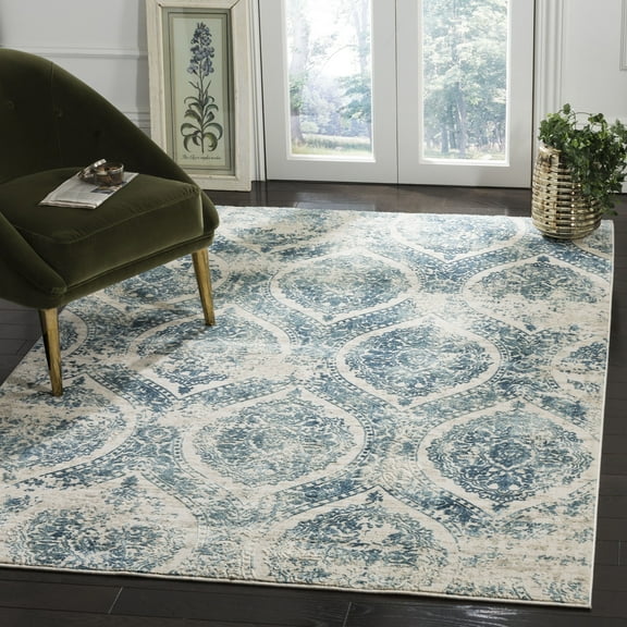 SAFAVIEH Princeton Abigail Overdyed Damask Area Rug, Blue/Beige, 5'1" x 7'6"