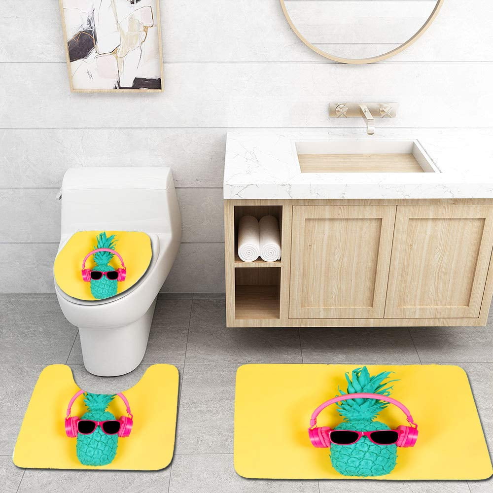 CHAPLLE Pineapple in Pink Headphones 3 Piece Bathroom Rugs Set Bath Rug Contour Mat and Toilet