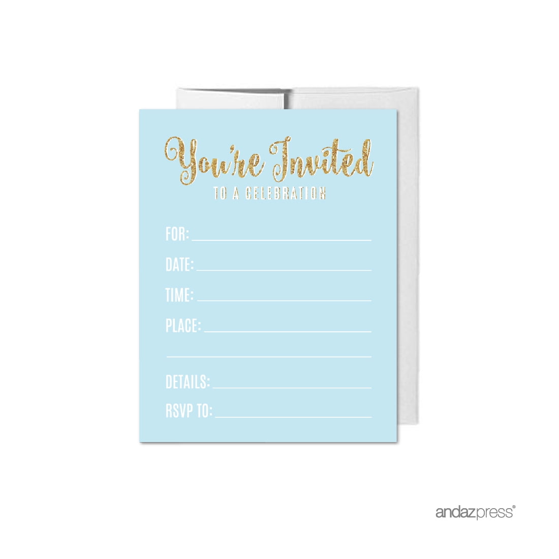 ANDAZ PRESS Signature Baby Blue, White, Gold Glittering Boy Baby Shower 1st Birthday Baptism, Invitations with Envelopes, 20-Pack