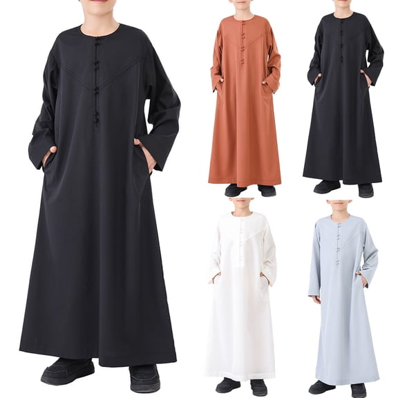 Boys Girls Robe Coat Long Sleeve Round Pocket Muslim Arab Casual Style