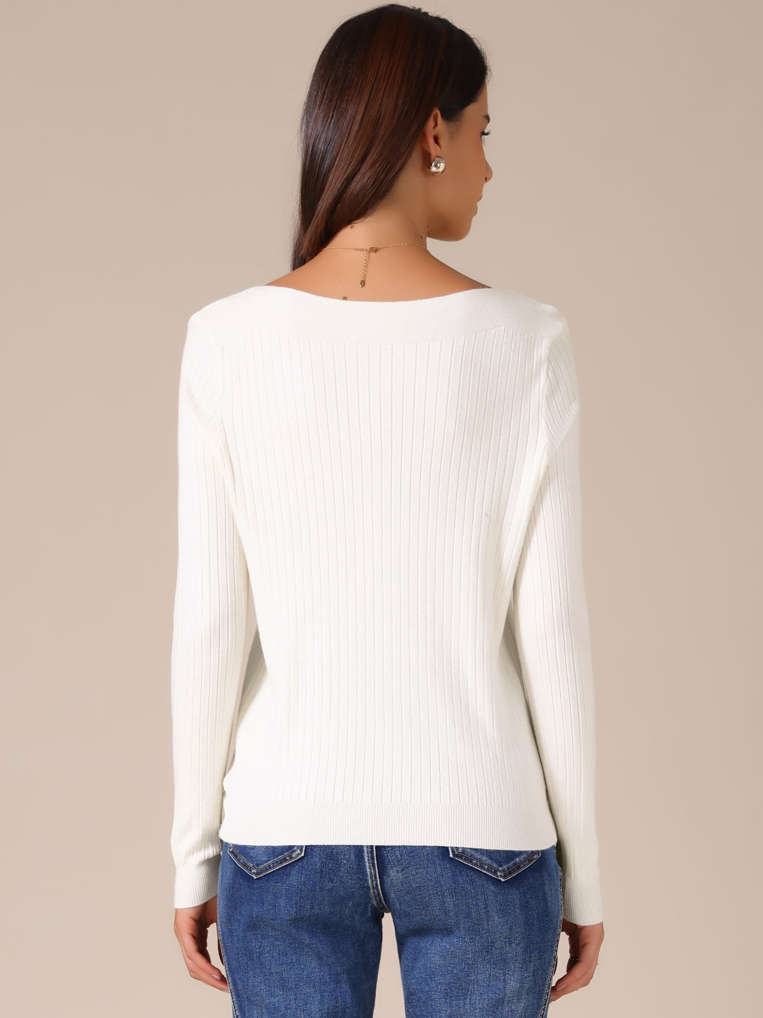 DARING DIVA Women's Boat Neck Long Sleeve Ribbed Sweaters M Beige
