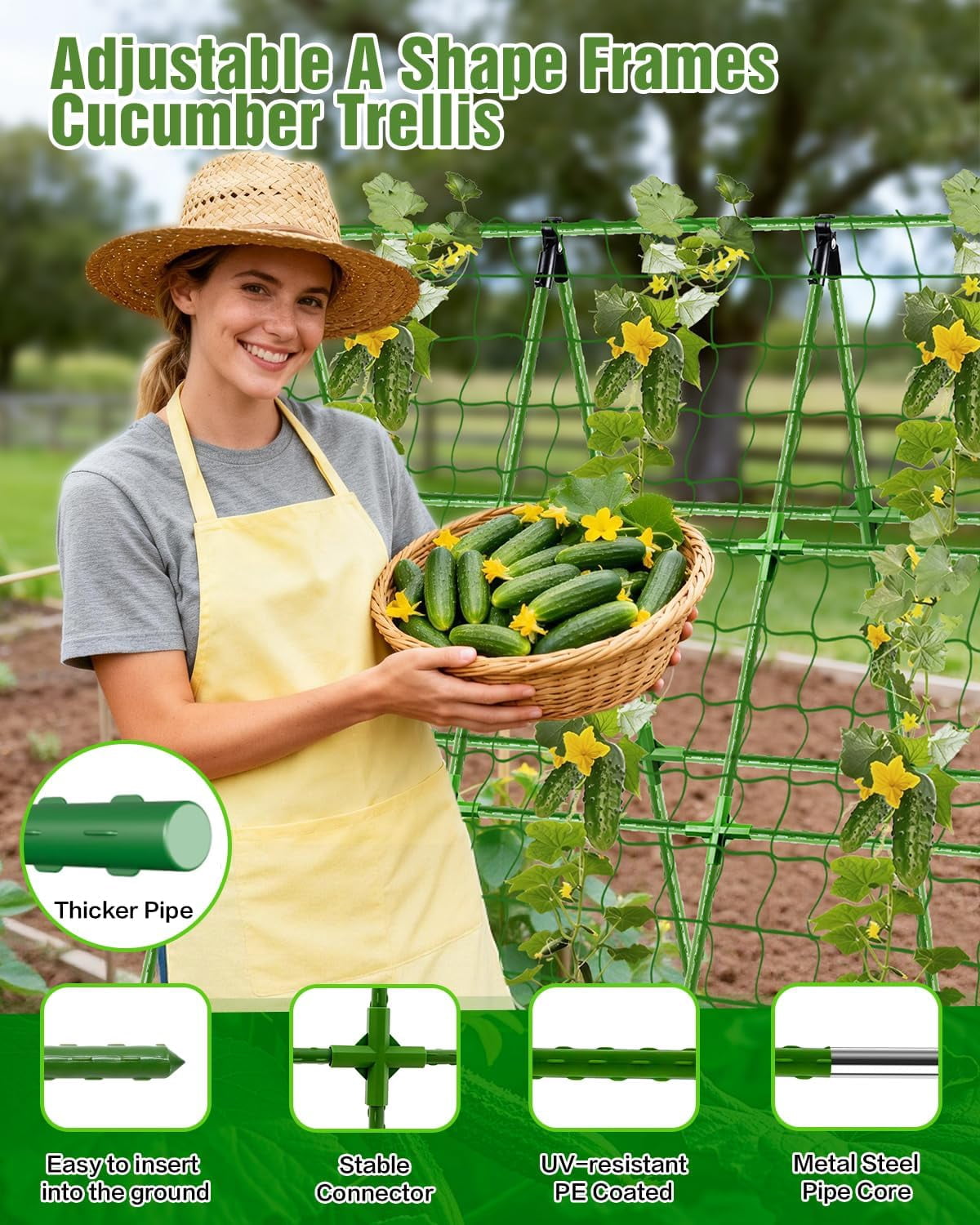 A-Frame Cucumber Trellis for Raised Beds, 47" Hx 57" L Adjustable Size, Garden Trellis for Climbing Plant Outdoors with Climbing Net and Plant Support Clip for Vegetable Vine Pea Bean Tomato