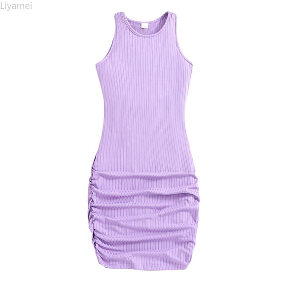 Liyamei Girls Summer Dresses, Kids Sleeveless Dress, Ribbed Puff Dress Bodycon Daily Purple 9-10 Years