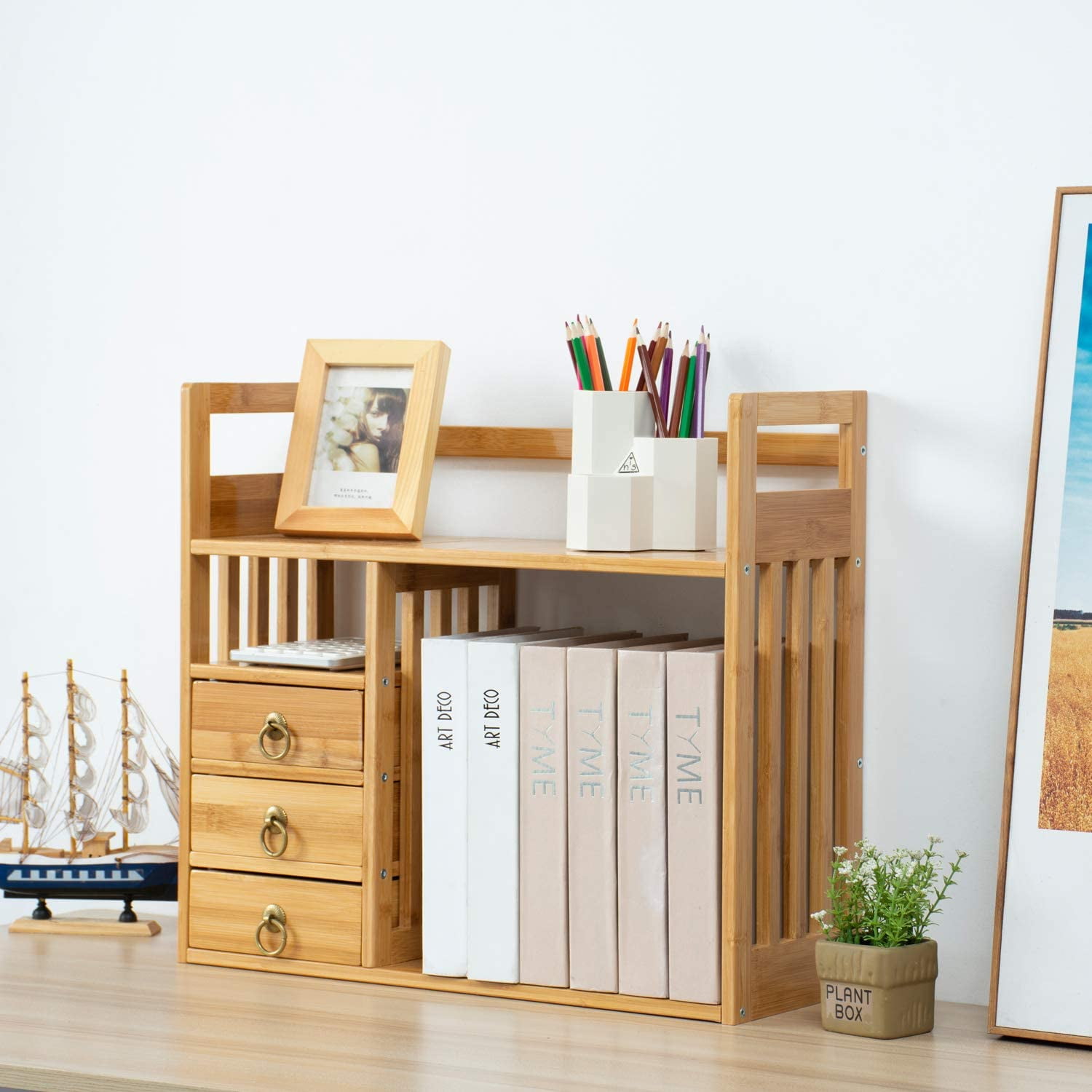 Freestanding Style for Bedroom Tabletop Dorm Desk. Bamboo Desktop Bookshelf，Suwoic 2-Tier Bookcase File Storage Organizer with Drawer 