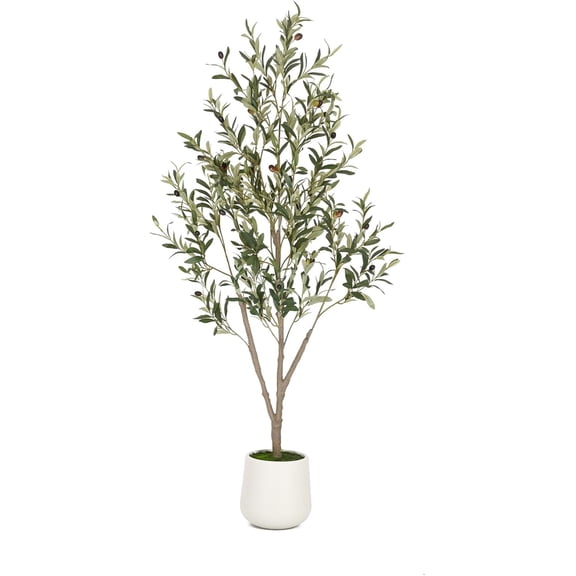 VIVATREES 5FT Artificial Olive Tree, Indoor Faux Olive Plant with White Tall Planter, Lifelike Fruits & Natural Wood Trunk for Home Office Decor