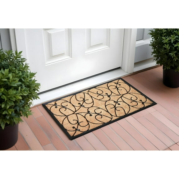 24" X 36" Natural and Black Coir Botanical Leaves Outdoor Door Mat