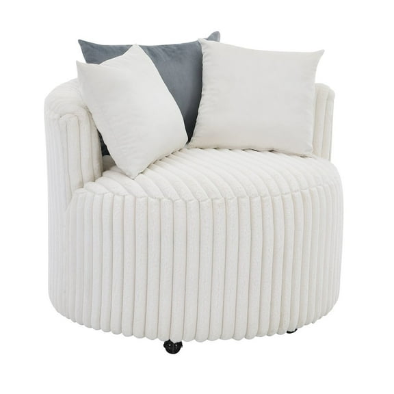 Roundhill Furniture Malna Wide Wale Corduroy Upholstered Barrel Accent Chair with Wheels, Off-white