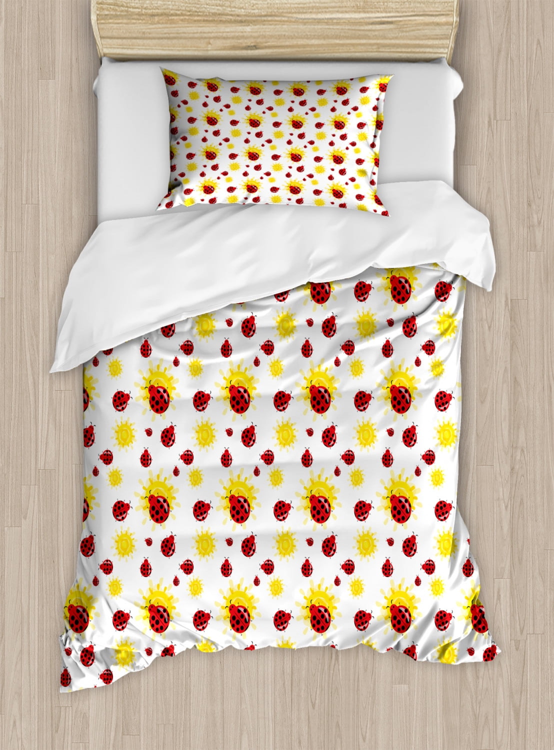 Ladybugs Duvet Cover Set Twin Size, Summer Season Inspired Sun Pattern