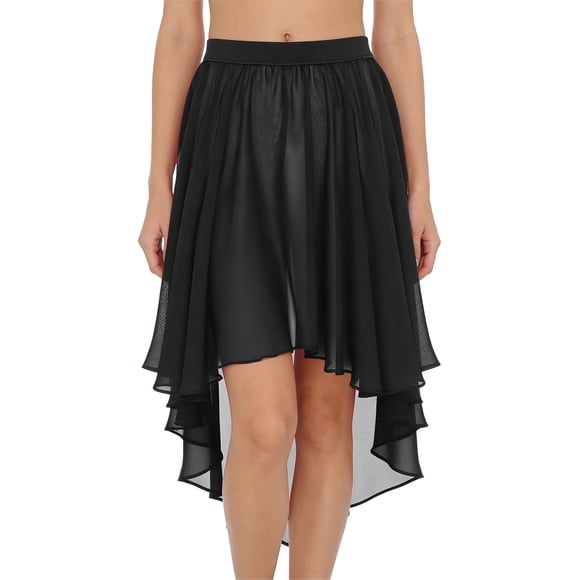 dPois Women's Elastic Waist High Low Hem Asymmetric Chiffon Skirt Cover-up Skirt for Modern Dance Black S