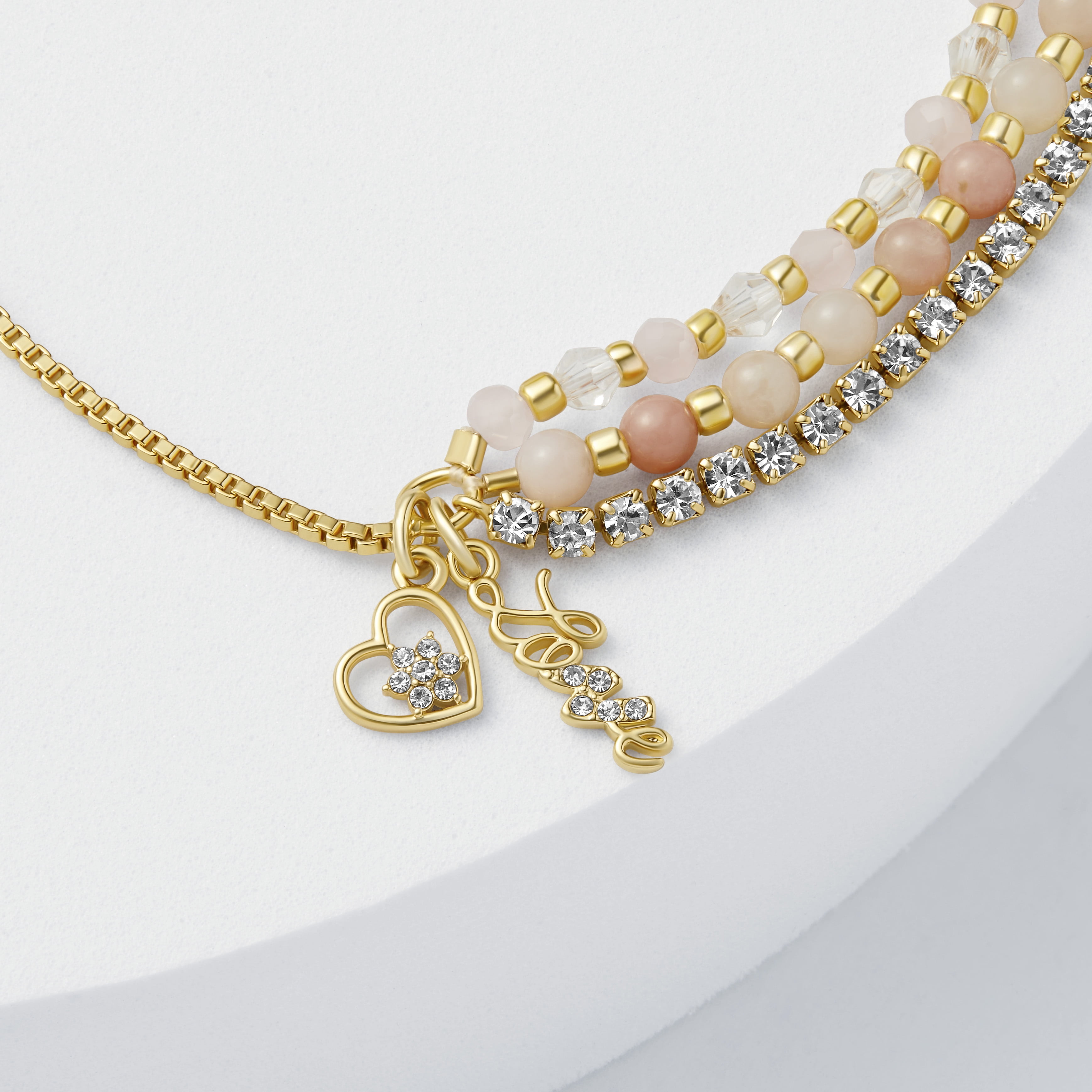 Believe by Brilliance Gold Plated Triple Strand with Pink Crystals, Love Bracelet