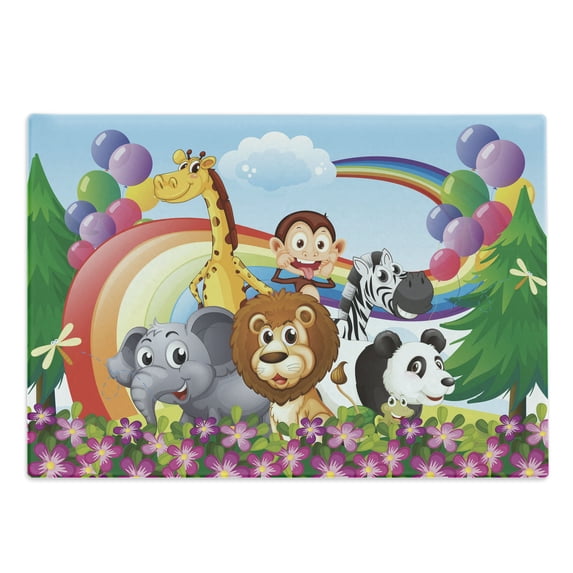 Cartoon Cutting Board, Group of Animals at the Hilltop with a Rainbow and Balloons Fresh Garden Happy, Decorative Tempered Glass Cutting and Serving Board, Large Size, Multicolor, by Ambesonne