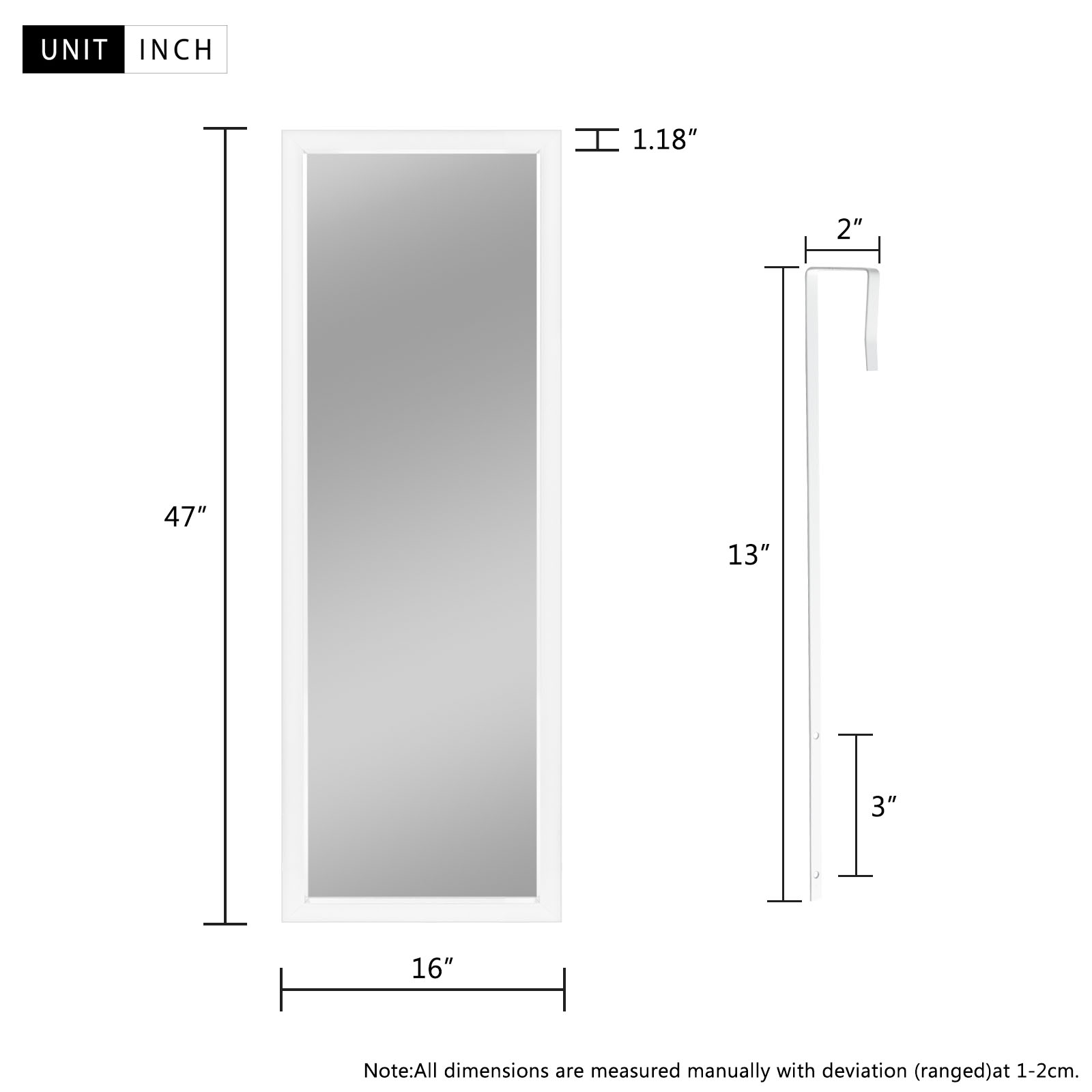 47"*16" Full Length Over The Door Mirror Hanging Mirror for Bedroom Dorm Room White