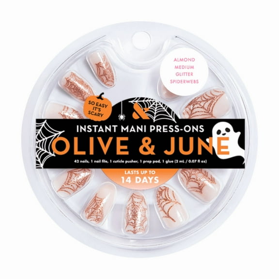 Olive & June Instant Mani Medium Almond Press-on Nails, Glitter Spiderwebs, 42 Pieces