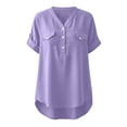 thumbnail image 4 of Mceream Cotton Linen Shirts for Women Loose Fit Button Down Summer Loose Fit Short Sleeve V Neck Tops Dressy Casual Oversized Tshirts Comfort Work Tops Plus Size Camisa De Algodon Para Mujer Purple L, 4 of 7