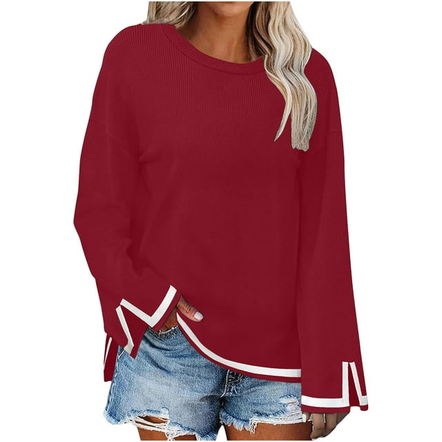 MeetoTime Long Sleeve Tops for Women Round Neck Slit Ribbed Pullover 2024 Fall Clothes Oversized Sweaters