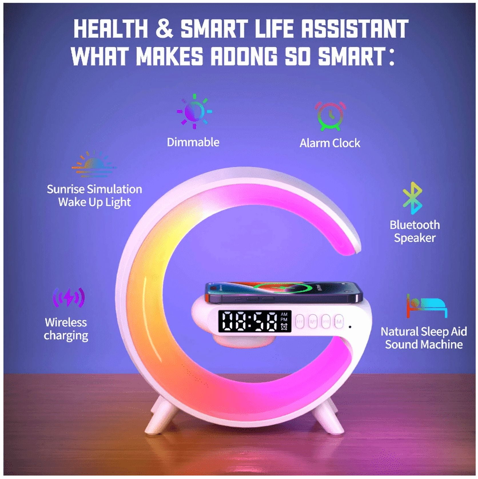 Zerak Mini G-Shaped Smart Wireless Speaker & Charger – 10 Light Effects, Bluetooth Audio, Wake-Up Light Alarm Clock, Night Light Lamp