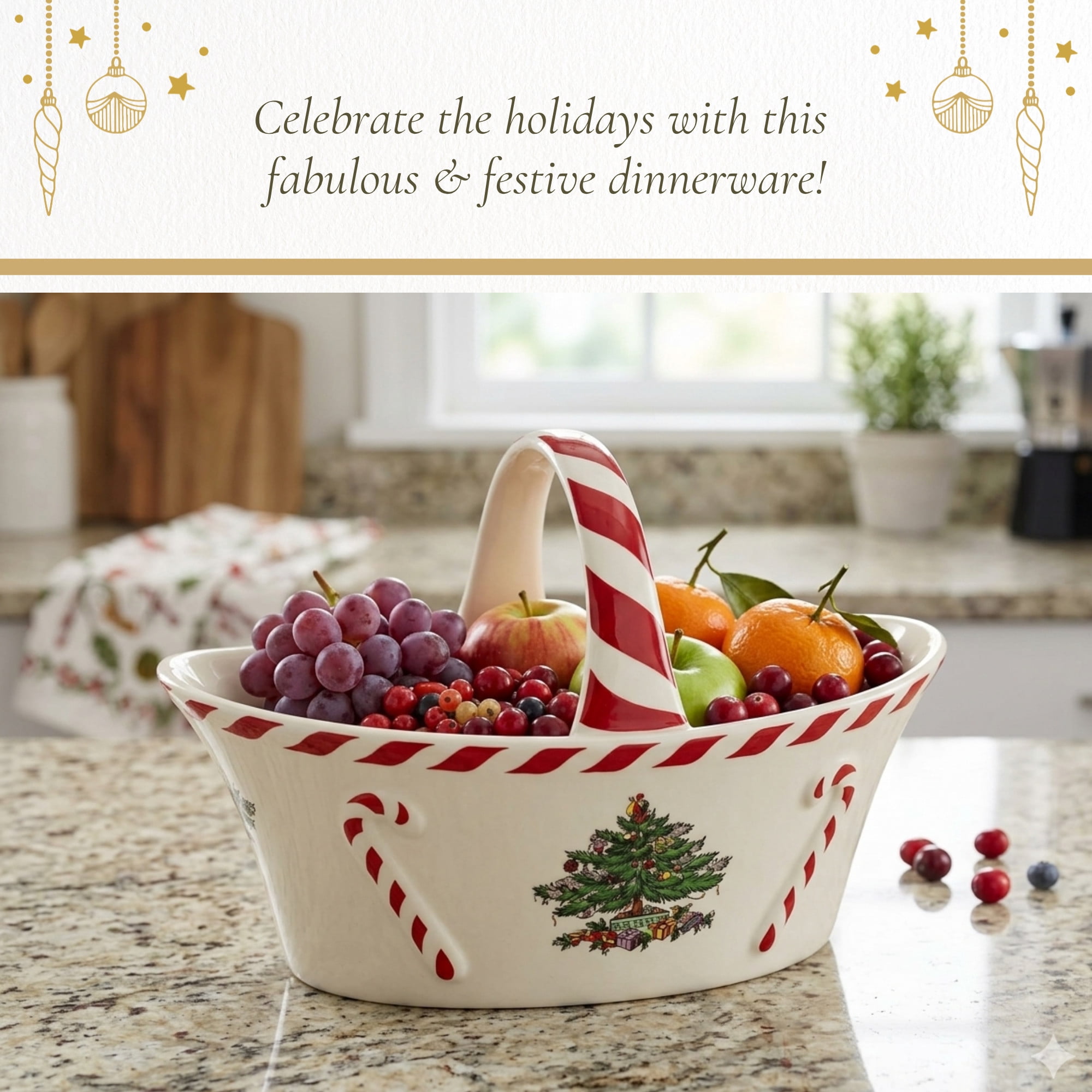 Spode Christmas Tree Candy Basket, 6.5-Inch Candy Bowl with Peppermint Handle for Holiday Snacks, Earthenware Christmas Gift, Festive Serveware & Holiday Display Bowl, Seasonal Décor