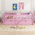 thumbnail image 3 of SESSLIFE Twin Platform Bed with Guardrail and 2 Drawers, Kid Bed Frame with Fence Railings, No Box Spring Needed, Solid Wood Slats Supported Bed for Children (Pink), 3 of 6