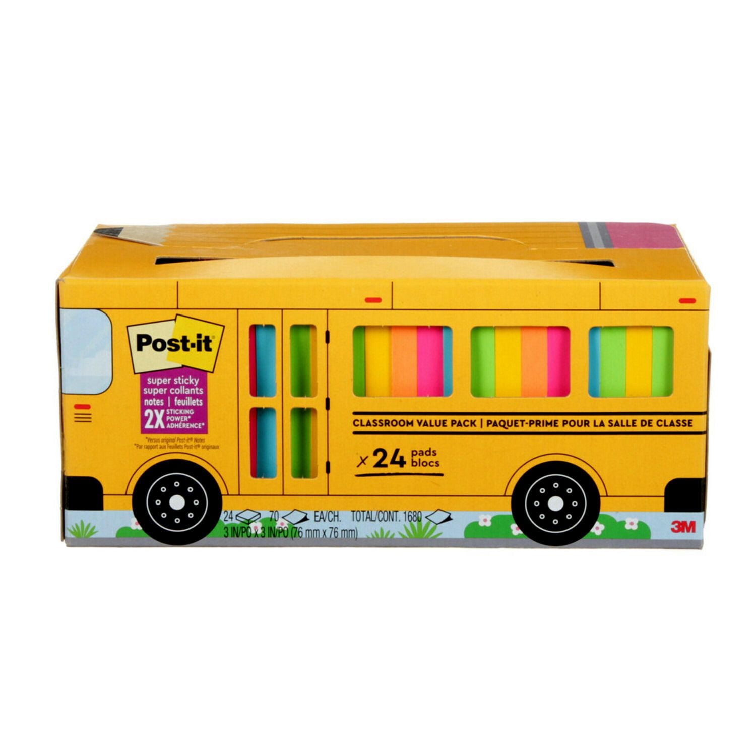 Post-it® Super Sticky Notes 654-24SSBUS, Classroom Value Pack, 24 Pads/Pack, 70 Sheets/Pad