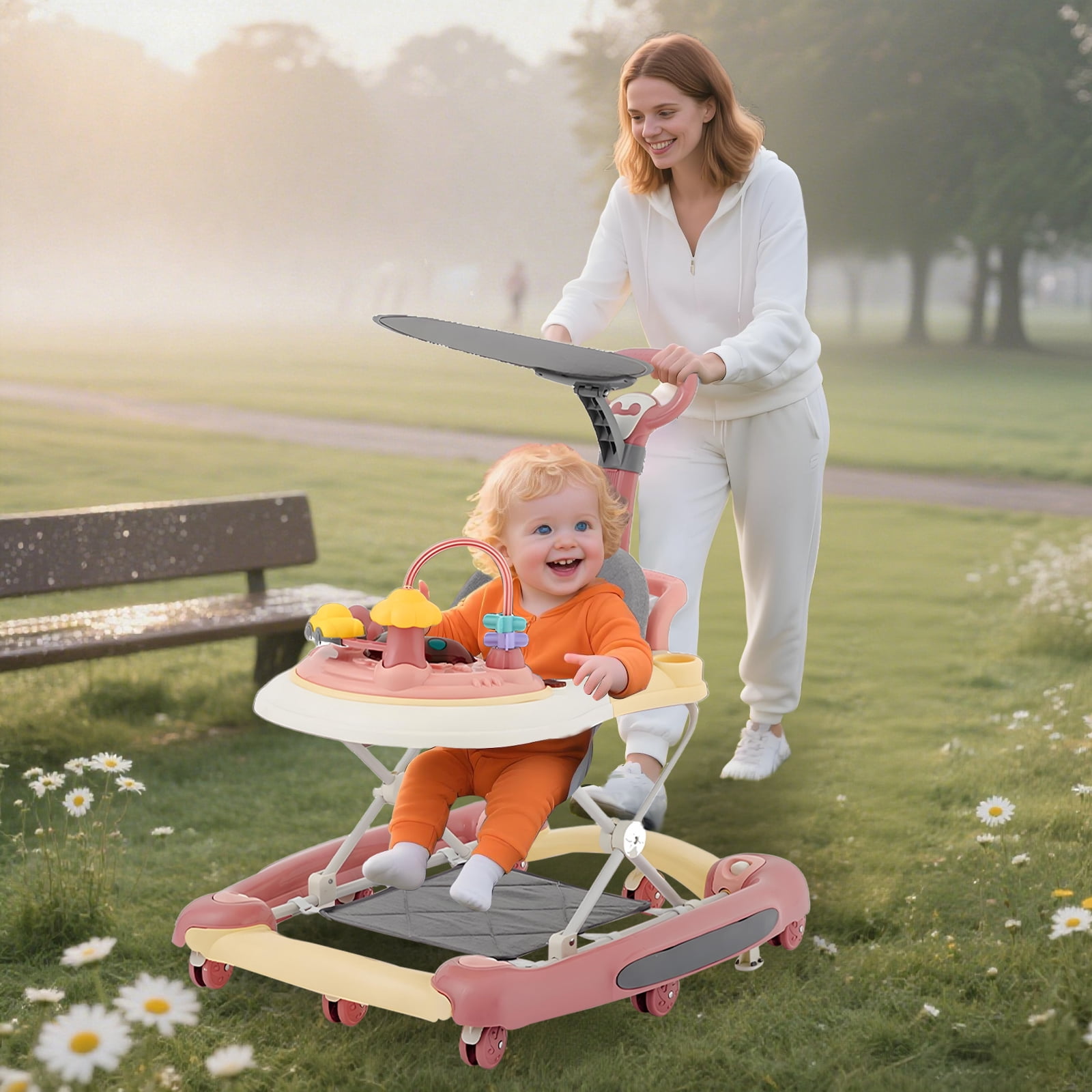 ManyFun 5-in-1 Baby Walker, Musical Activity Push Walker with Detachable Awning Footrest, Adjustable Height, Pink