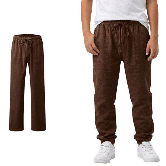 Summer Linen Pants for Boys Brown School Uniform Pants Elastic Waist Drawstring Straight Leg Casual Beach Trousers Pockets 16-17 Years