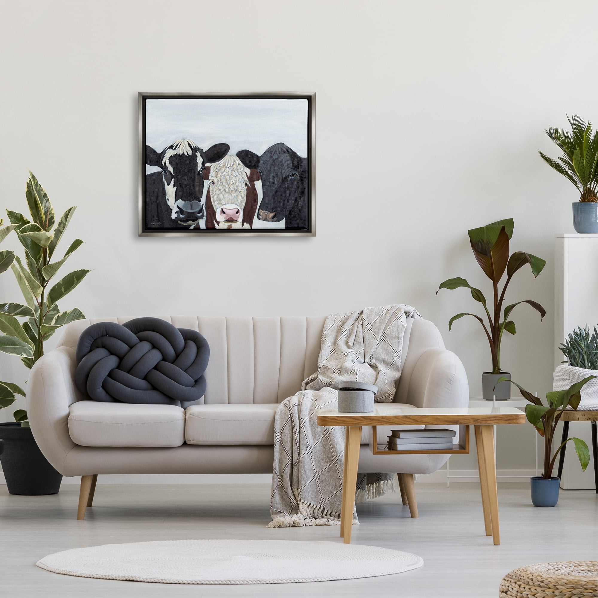 Stupell Three Cows Fun Farmhouse Portrait Animals & Insects Painting Gray Floater Framed Art Print Wall Art