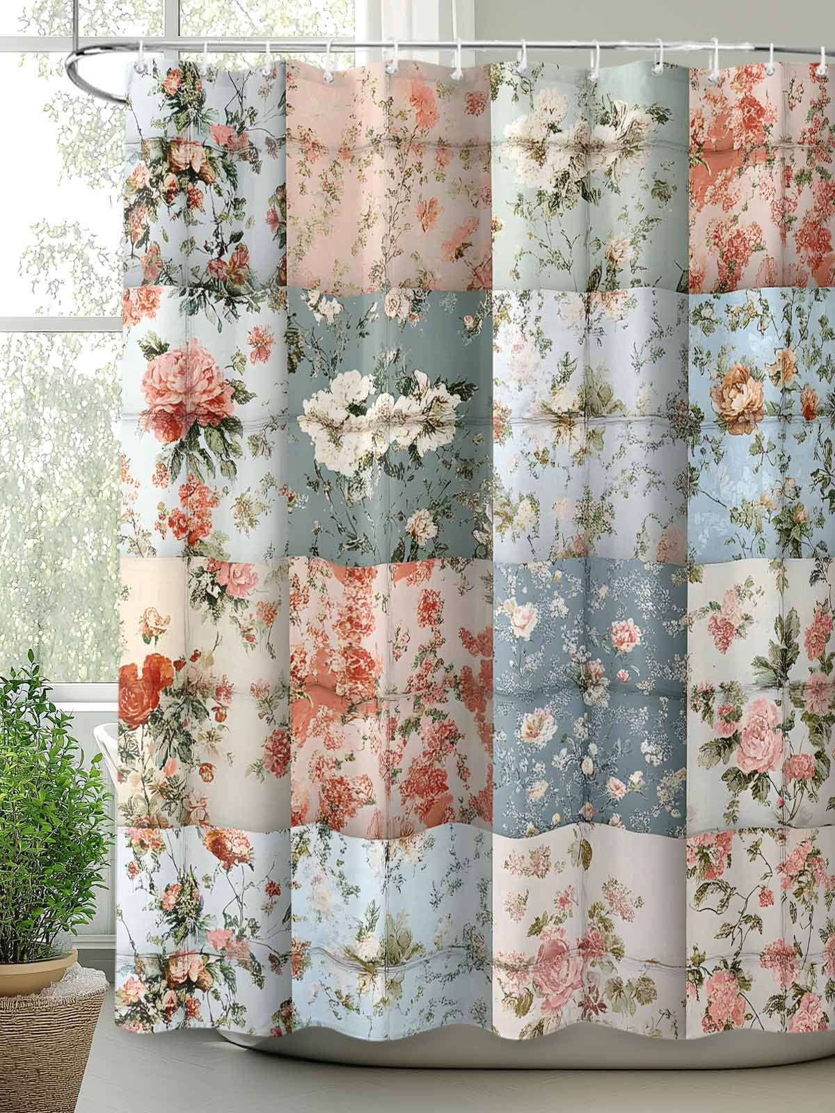 Elegant Spring Floral Extra Long Shower Curtain Set, Waterproof Shower Curtains for Bathroom, Summer Botanical Plaid Farmhouse Washable Fabric Cloth Bath Curtain for Bathtub with Hooks 72x96 Inches