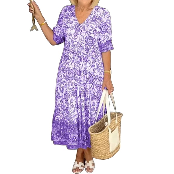 Gvmfive Women Dresses Floral Print Bohemain Short Sleeve V-Neck Long Maxi Dress