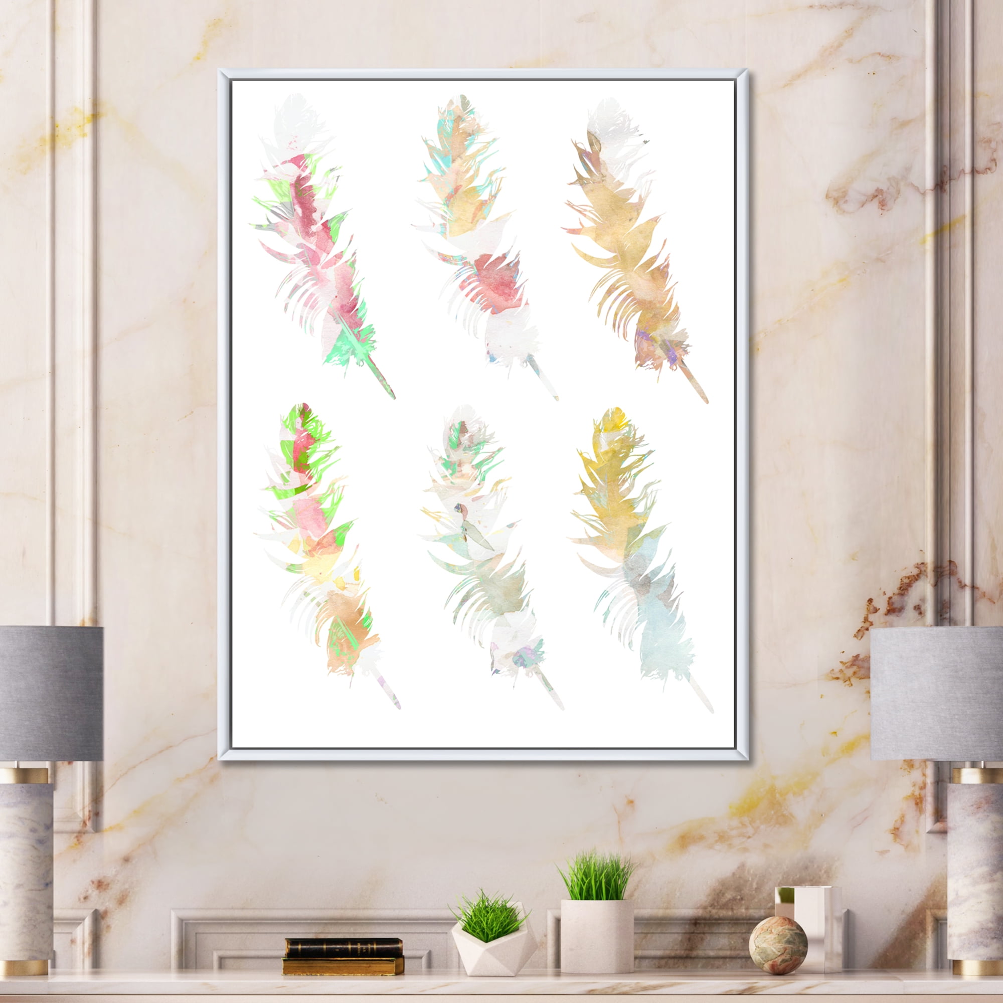 Designart 'Vibrant Boho Art Feather In Rustic Bright Colors' Bohemian & Eclectic Framed Canvas Wall Art Print