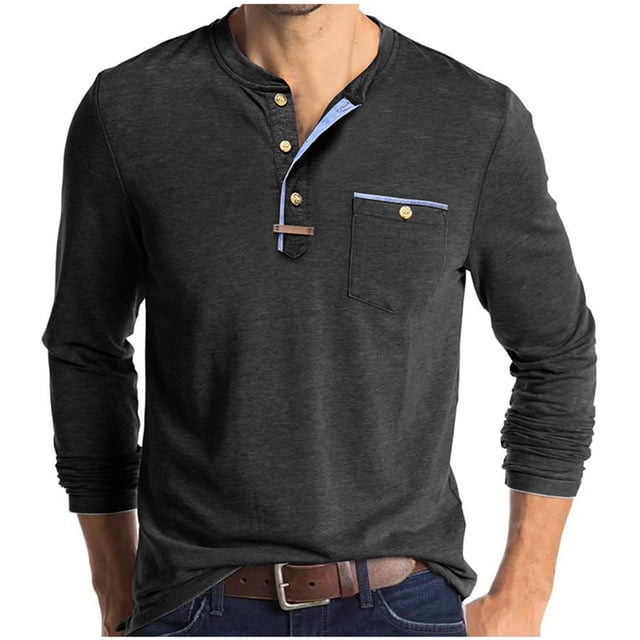 Chbgutlmr Shirts for Men V Neck Button Long Sleeve Comfy Solid Color Fall Casual Work Shirts Tops Pockets