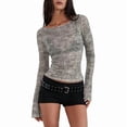 thumbnail image 2 of Mesh Top for Women Flared Sleeve Ship Collar Mesh Shirt Sheer Top Solid Floral Tee Shirts Grey M, 2 of 9