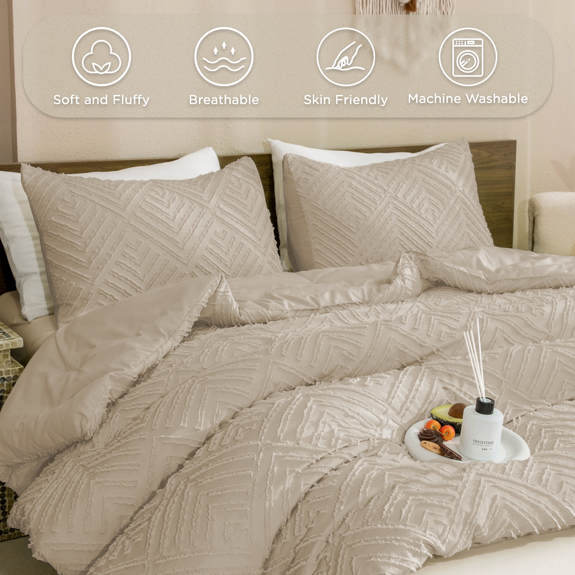 ANGENIA King Comforter Sets Oatmeal, 3 Pieces Boho Soft Lightweight Fluffy Tufted Bedding Comforter Set, All Season Elegant Down Alternative Comforter Bed Set for Women Men