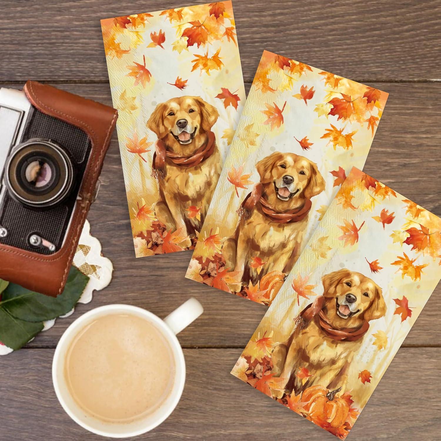 100pcs Maple Leaves Golden Retriever Napkins 3-Ply Thanksgiving Napkins for Decoupage Disposable Guest Hand Towels for Bathroom Home Kitchen Table Harvest Party