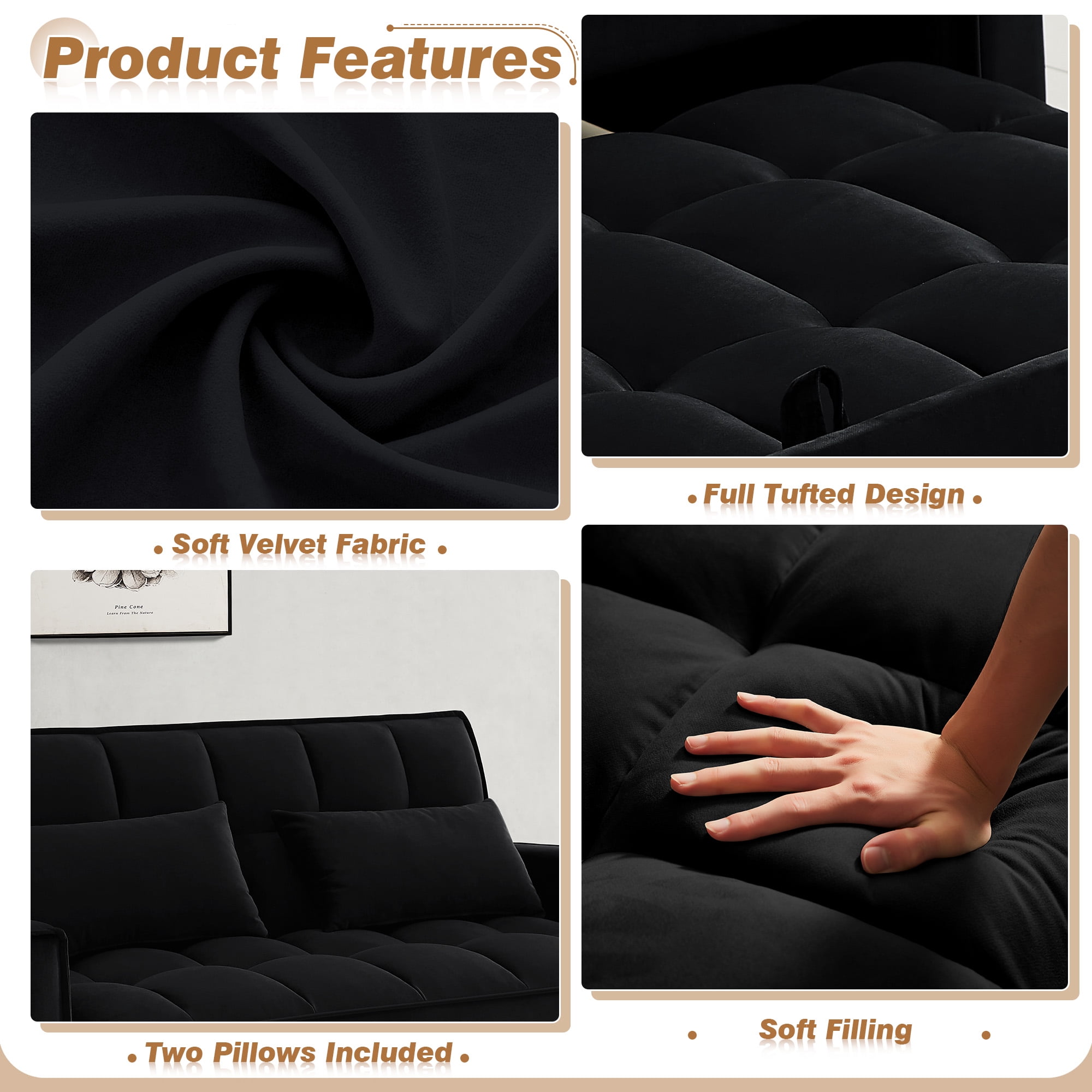 Dinosisco 3 in 1 Convertible Pull Out Sofa Bed, 55" Velvet Sleeper Loveseat, Black