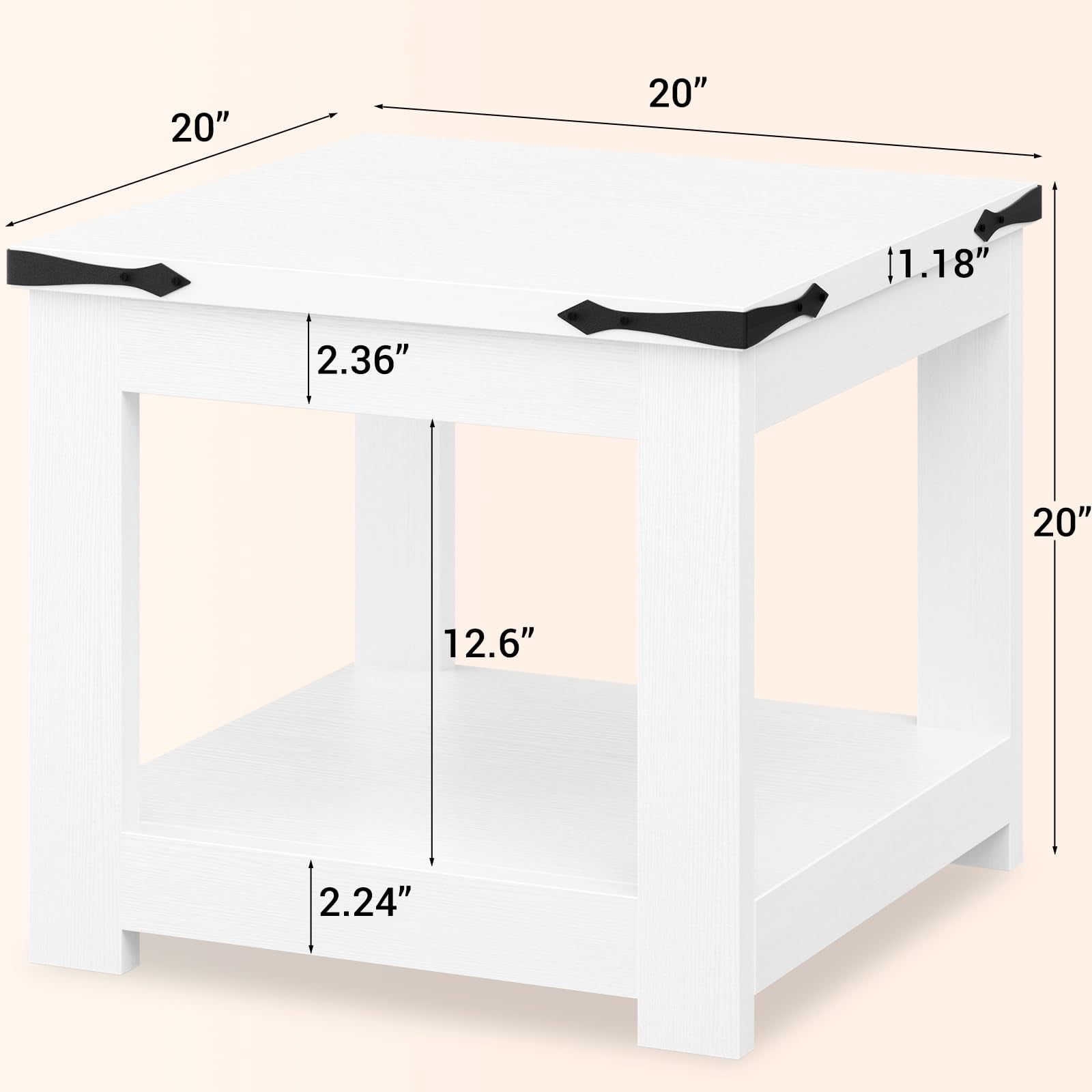 Homieasy 20-Inch Square Farmhouse End Table with Storage Shelf - Industrial Style for Bedroom & Living Room,White