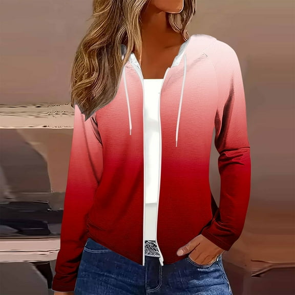 GaThRRgYP Lightweight Ladies Jacket Winter Autumn,Women Casual and Fashionable Loose Solid Color Long Sleeved Zipper Hooded Top Cardigan Red L