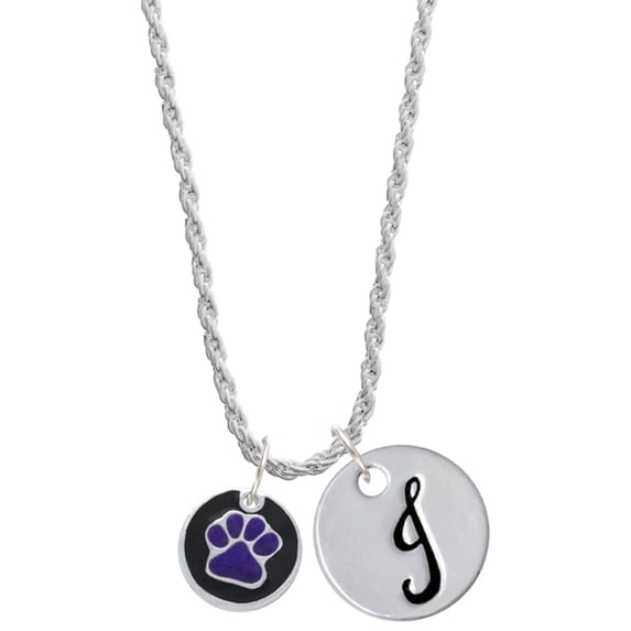 Delight Jewelry Silvertone Purple Paw on Black Disc Silvertone Script Initial Disc - J - Charm Necklace, 20"+3"