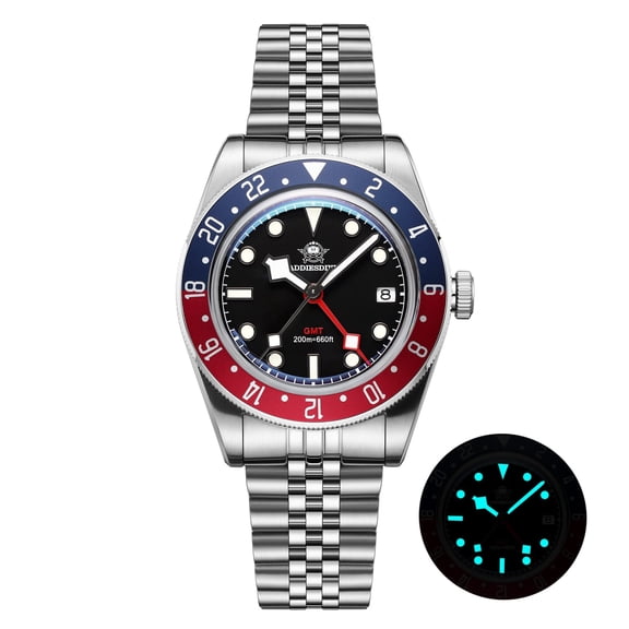 ADDIESDIVE Men's GMT Watch Dual Time Zone, Swiss Quartz, 200M Waterproof Diver Watch with Luminous Stainless Steel Analog Watch