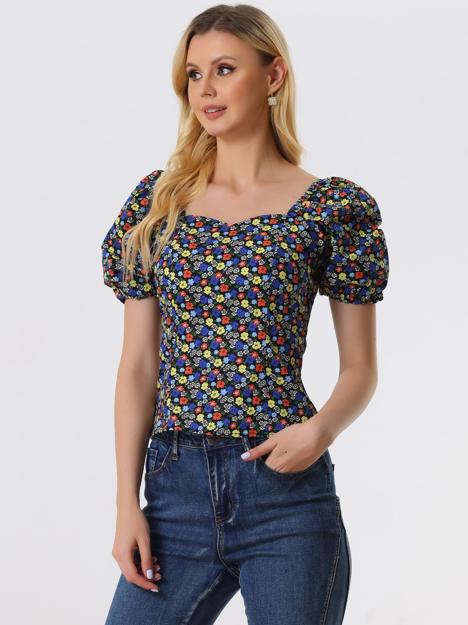 DARING DIVA Puff Sleeve Sweetheart Neck Smocked Floral Top XS Black Red