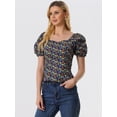thumbnail image 2 of Top Florales Estilo Campesino Con Mangas Abullonadas Y Cuello En Forma De Corazón De Pradera Para Mujer Negro Rojo XS, 2 of 5