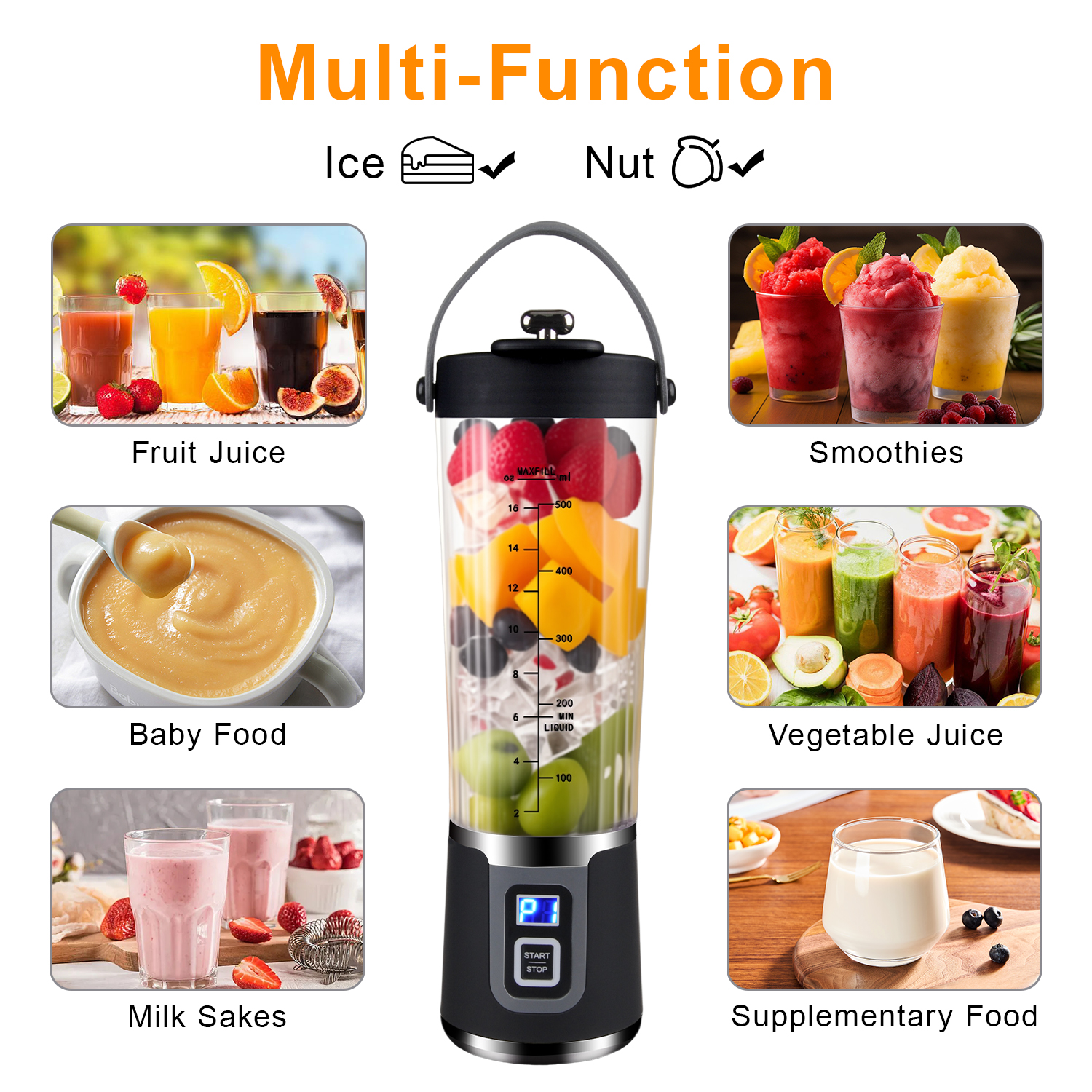 Portable Blender for Shakes and Smoothies,500mL HopePow Kitchen USB Rechargeable Shaker Juicer Blender 10 Sharp Stainless Steel Blades Cordless Personal Portable Small Blender for Smoothies,Kitchen