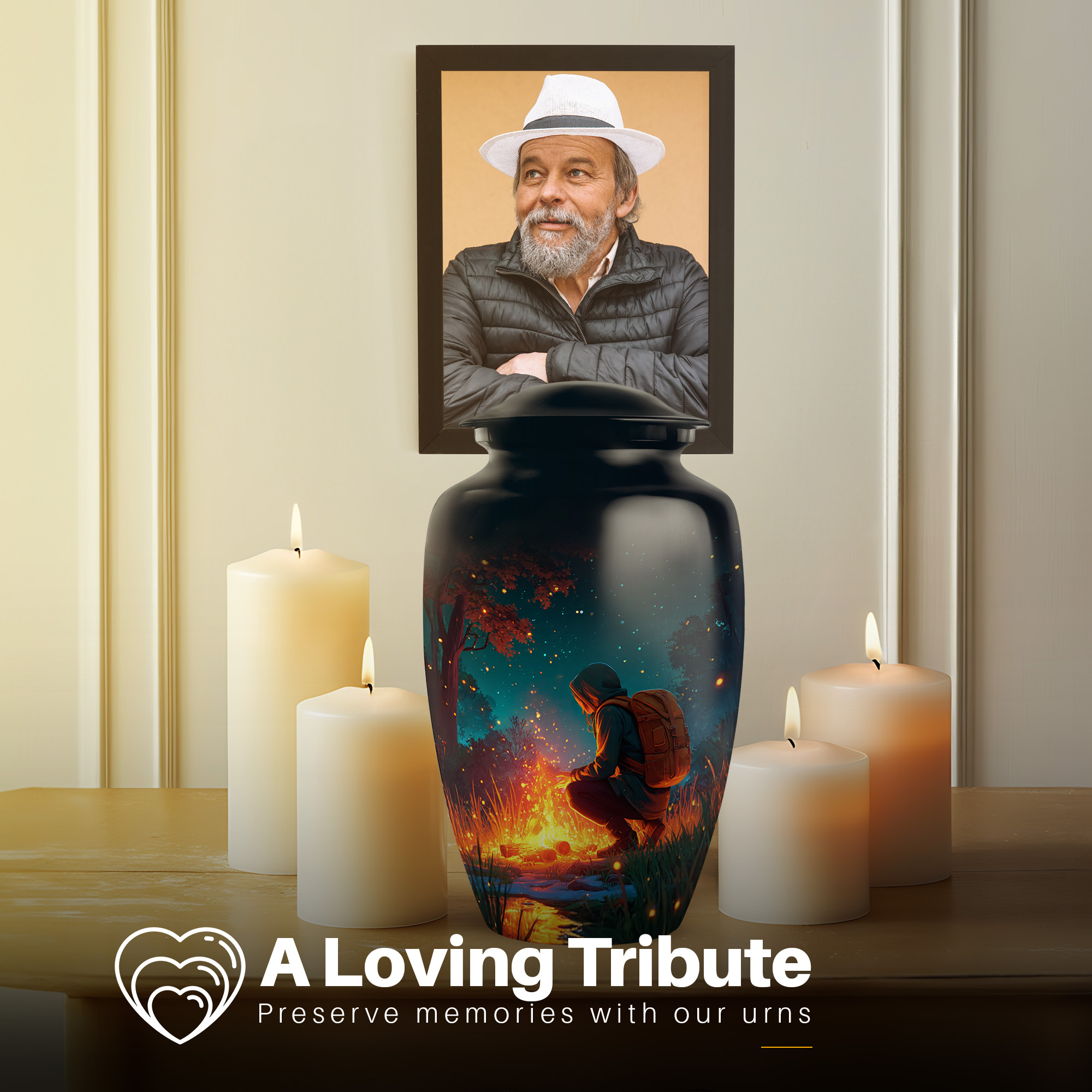 Yatskia Night Campfire Urns for Human Ashes Adult Female and Male, Cremation Burial Urn for Adult Ash, Decorative Funeral Urn for Ashes for Women, (Classic Large, 10 Inch)