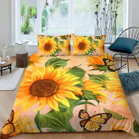 Pratyus Sunflowers Butterfly 3-Piece Bedding Set (Single-Sided Print) Comfortable and Breathable Peach Skin Velvet Bedroom Guest Room 87x68in